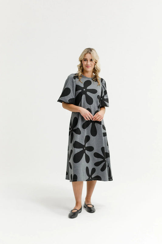 HOME-LEE IVY MIDI DRESS - GRAPHITE DAISIES