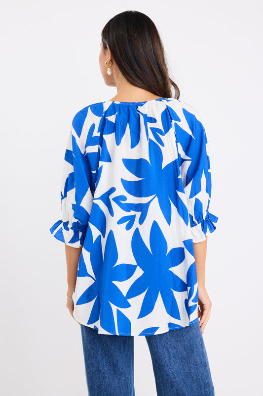 AMONG THE BRAVE - ANTIC BUTTON TOP - BRIGHT BLUE ABSTRACT