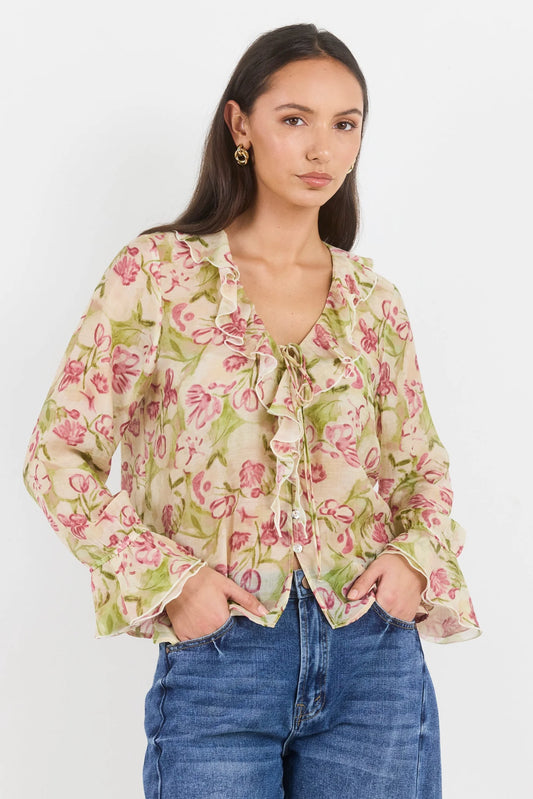 AMONG THE BRAVE - BOHEMIAN FRILL BLOUSE - CREAM BLUSH FLORAL