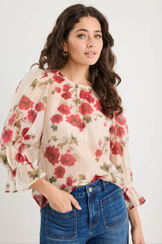 IVY & JACK CANDID MID SLEEVE TOP - CREAM RED ROSE