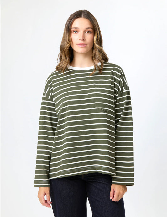 STELLA & GEMMA DROP SHOULDER TEE - KHAKI STRIPE