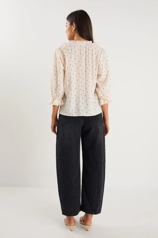 IVY & JACK GARNISH MID SLEEVE TOP - CREAM BLACK SPOT