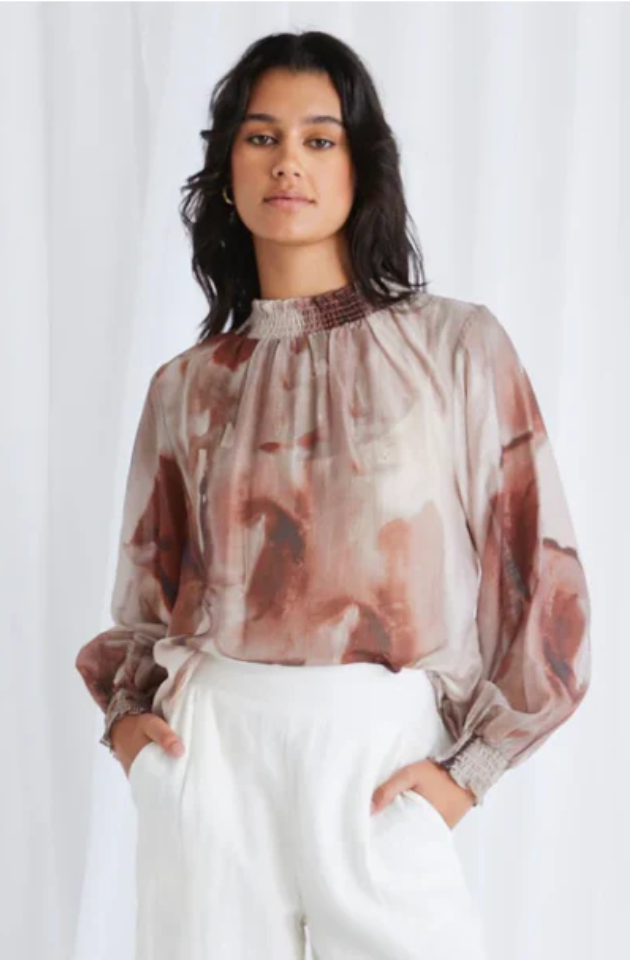 AMONG THE BRAVE EMBRACE SHIRRED TOP - CHOCOLATE SMUDGE