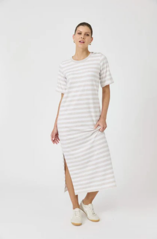 EB & IVE STUDIO STRIPE T-SHIRT DRESS - STONE - 2593801