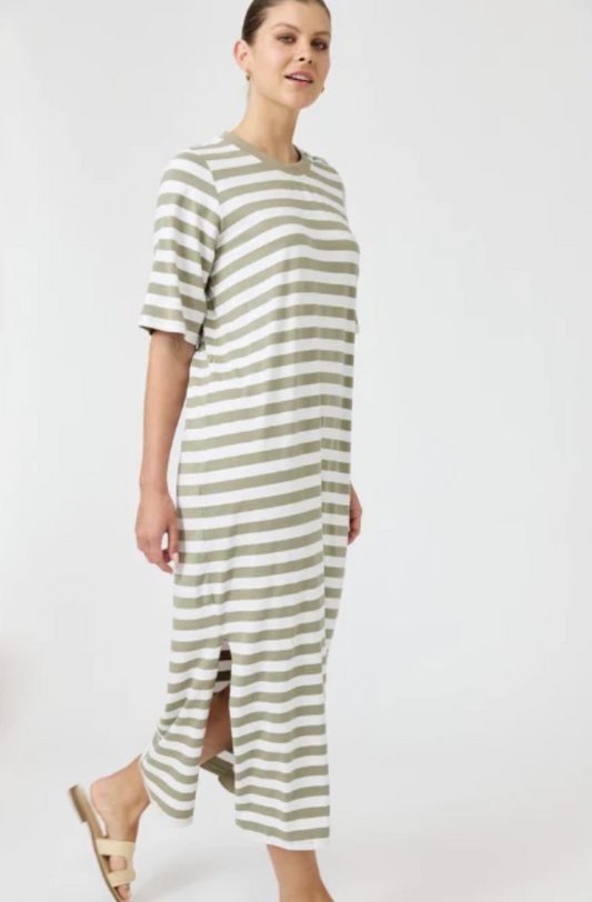 EB & IVE STUDIO STRIPE T-SHIRT DRESS - OLIVE - 2593806