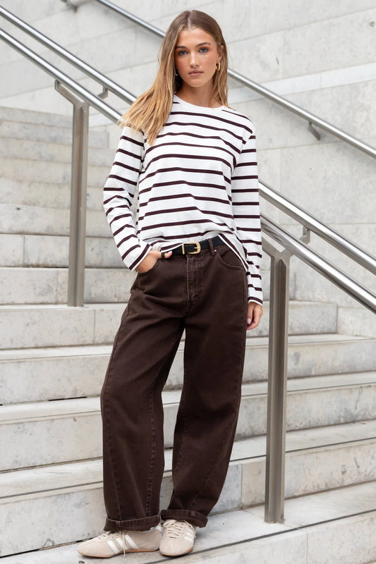 RE:UNION TETHER L/S BOXY TEE - CHOCOLATE WHITE STRIPE