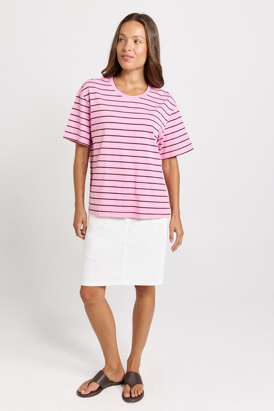 BETTY BASICS RELAX BOXY TEE - PINK/CHOCOLATE STRIPE