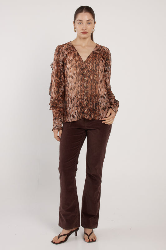 FATE + BECKER ODETTE RUFFLE BLOUSE -SNAKE PRINT BROWN
