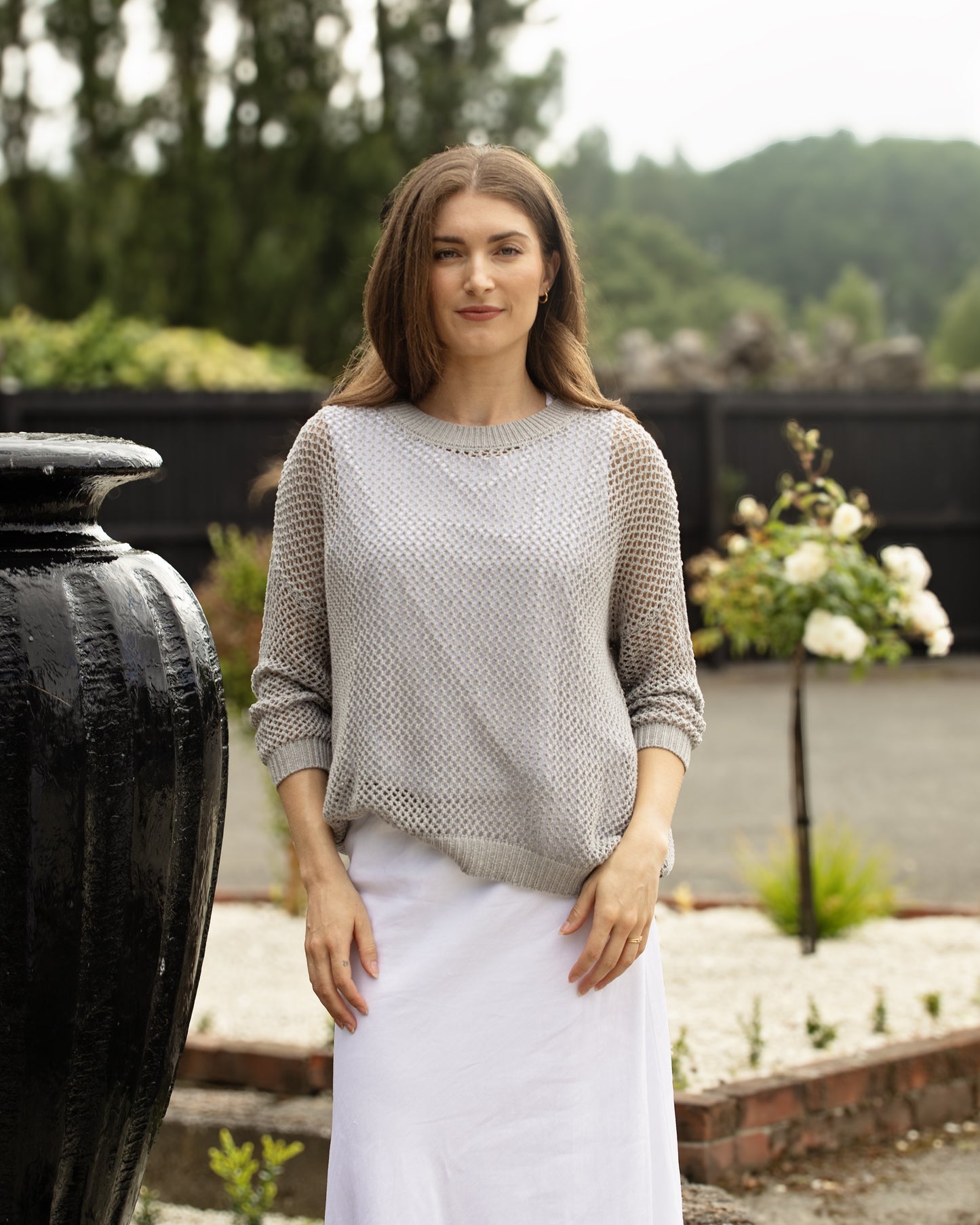 WHITE ON BLACK CREW MESH TOP - SILVER