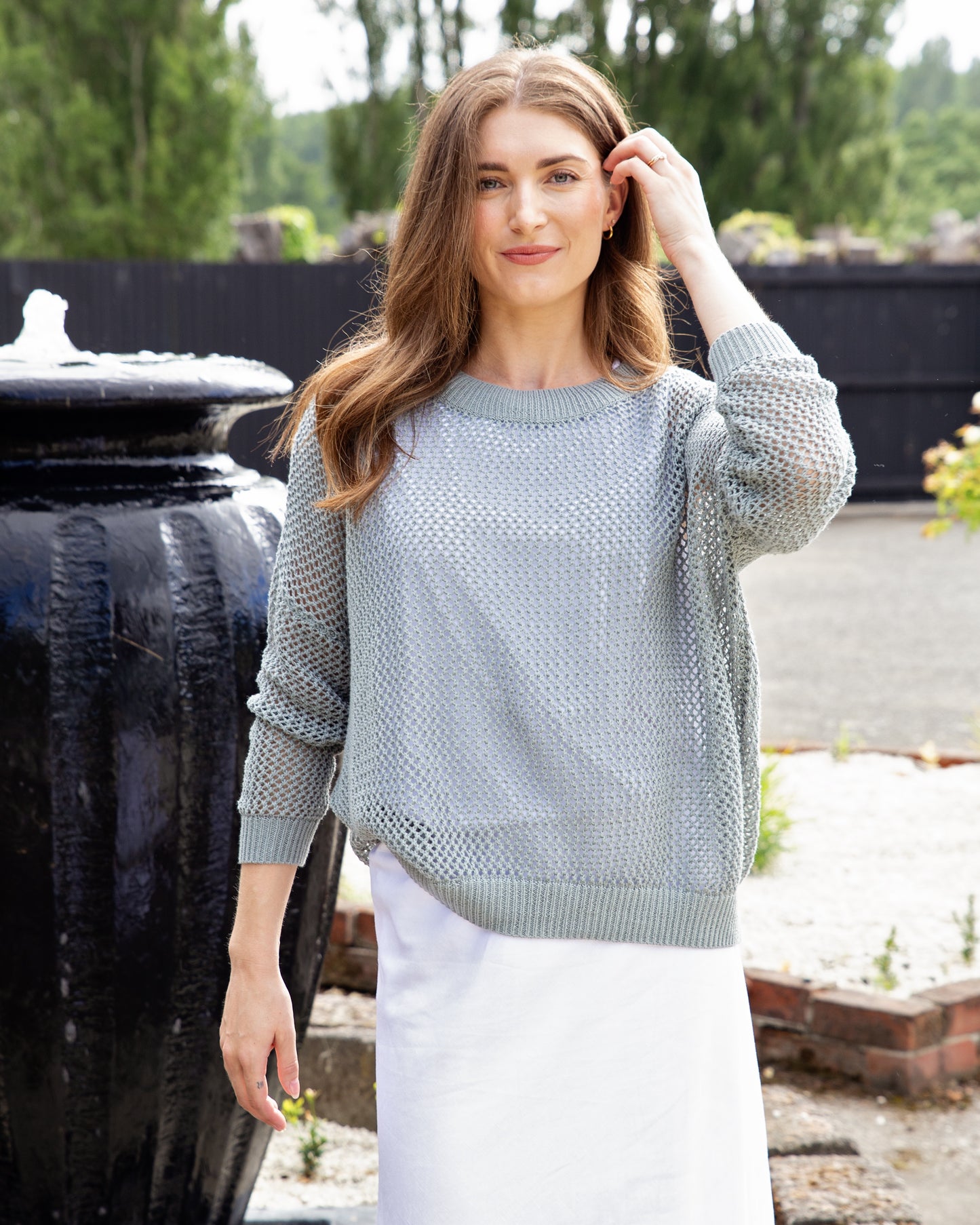 WHITE ON BLACK CREW MESH TOP - SEAFOAM