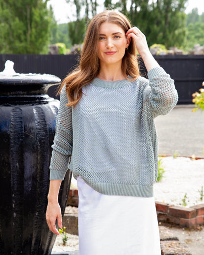 WHITE ON BLACK CREW MESH TOP - SEAFOAM