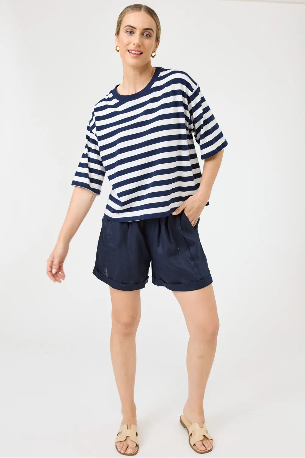 EB & IVE STUDIO STRIPE T-SHIRT - INDIGO
