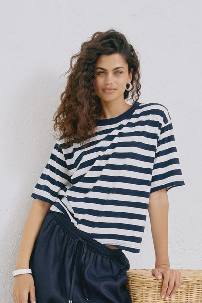 EB & IVE STUDIO STRIPE T-SHIRT - INDIGO