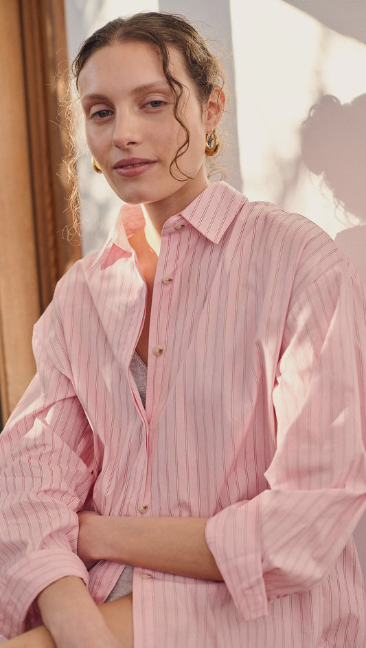 STAPLE THE LABEL KARI OVERSIZED SHIRT - PINK / WHITE STRIPE