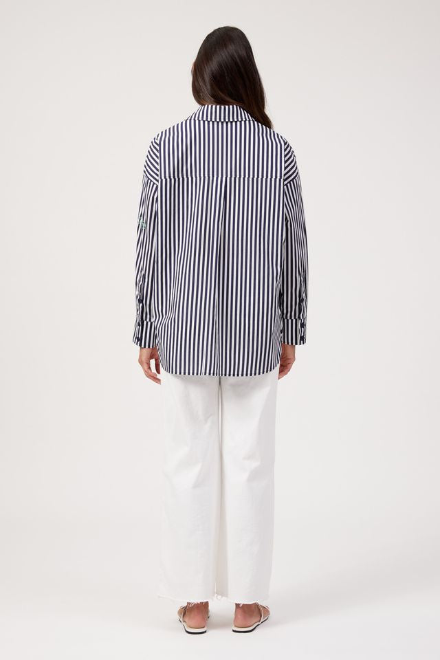 HAVEN MYKONOS EMBROIDERED STRIPE SHIRT - NAVY