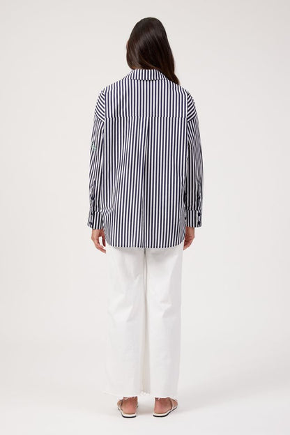HAVEN MYKONOS EMBROIDERED STRIPE SHIRT - NAVY