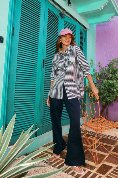 HAVEN MYKONOS EMBROIDERED STRIPE SHIRT - NAVY