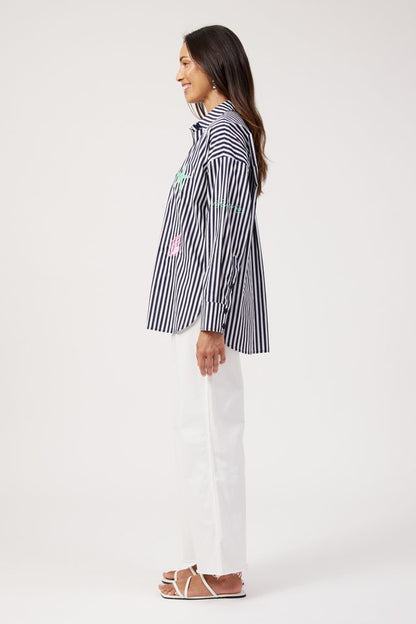 HAVEN MYKONOS EMBROIDERED STRIPE SHIRT - NAVY