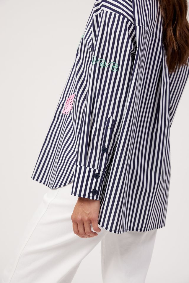 HAVEN MYKONOS EMBROIDERED STRIPE SHIRT - NAVY