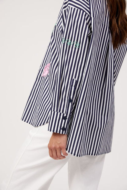 HAVEN MYKONOS EMBROIDERED STRIPE SHIRT - NAVY