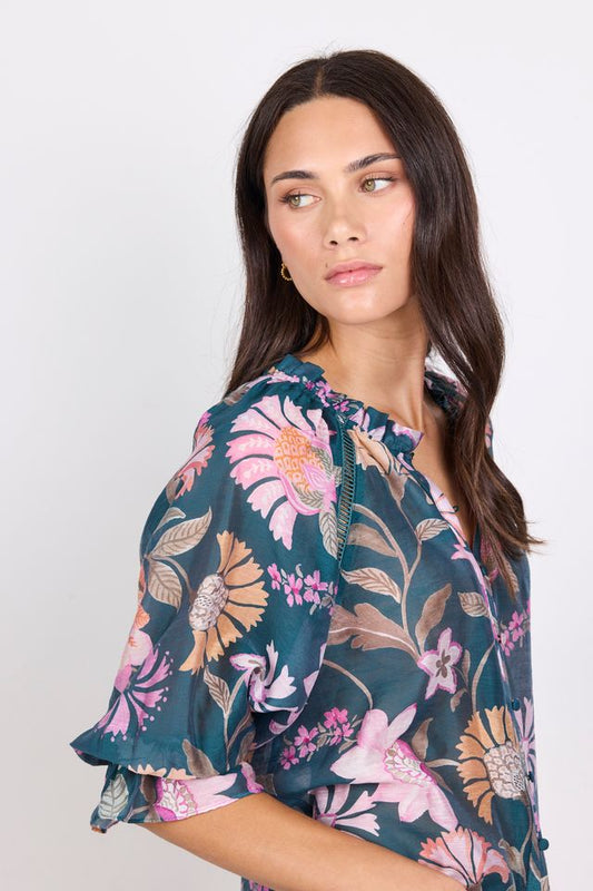 BY ROSA ENCOUNTER BUTTON TOP - PETROL SCARF PRINT
