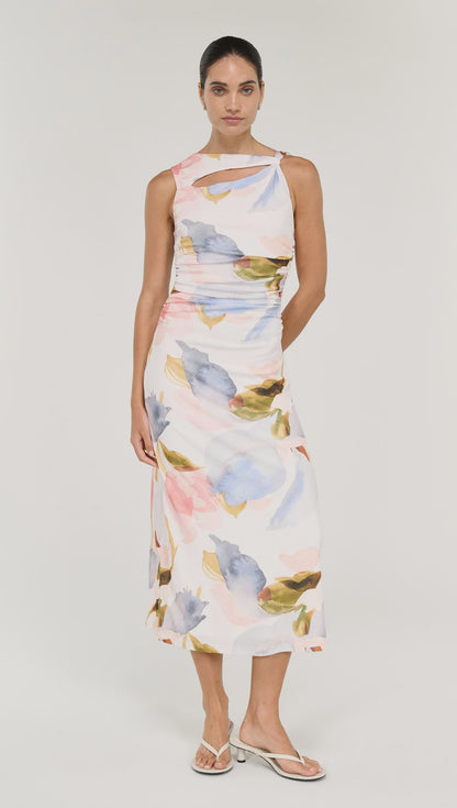 STAPLE THE LABEL VALEA MESH MIDI DRESS - WATERCOLOUR FLORAL