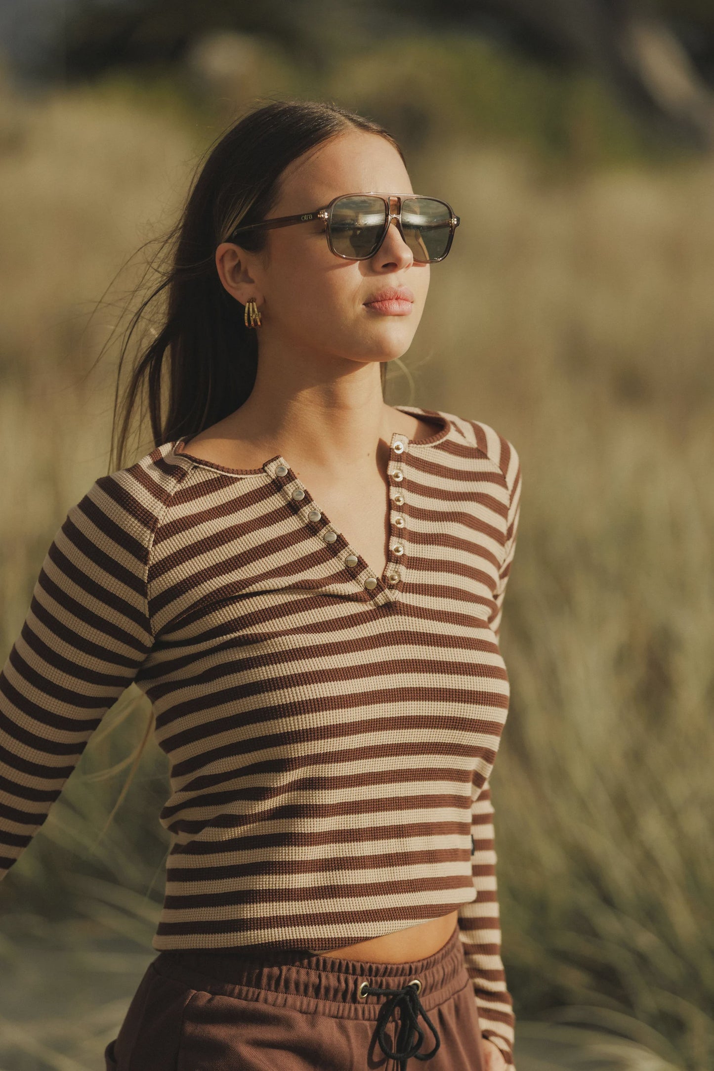 ROSE ROAD BENNE L/S TOP - CHOCOLATE STRIPES