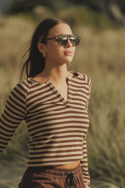 ROSE ROAD BENNE L/S TOP - CHOCOLATE STRIPES