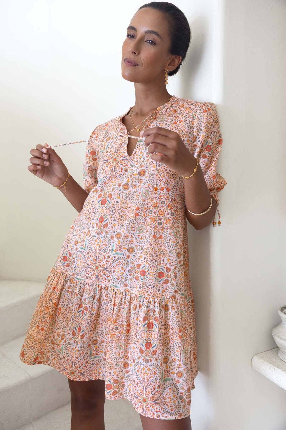HUMIDITY LIFESTYLE RUMI SMOCK DRESS - ALMOND PRINT