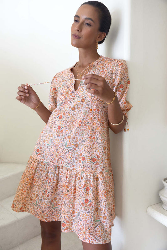 HUMIDITY LIFESTYLE RUMI SMOCK DRESS - ALMOND PRINT