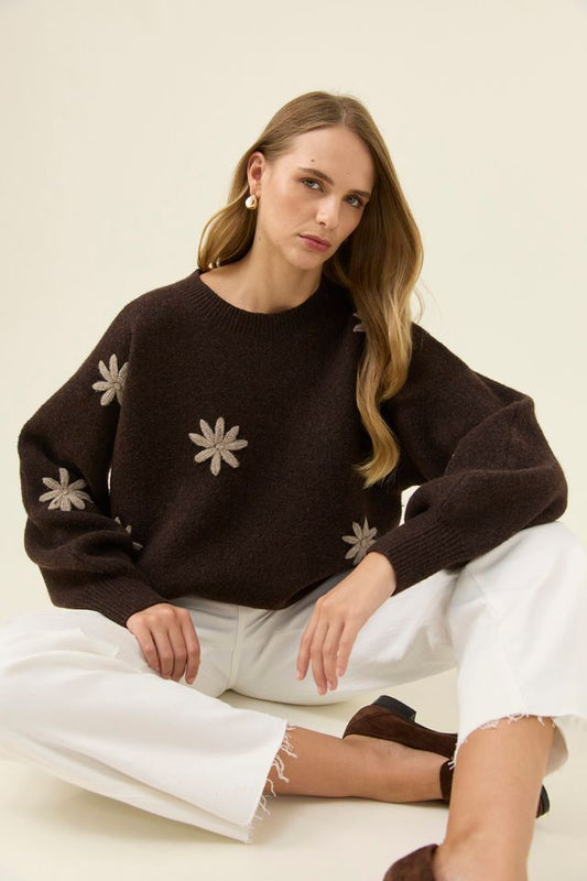 ISLE OF MINE - MIRU STITCH FLOWER JUMPER - CHOCOLATE
