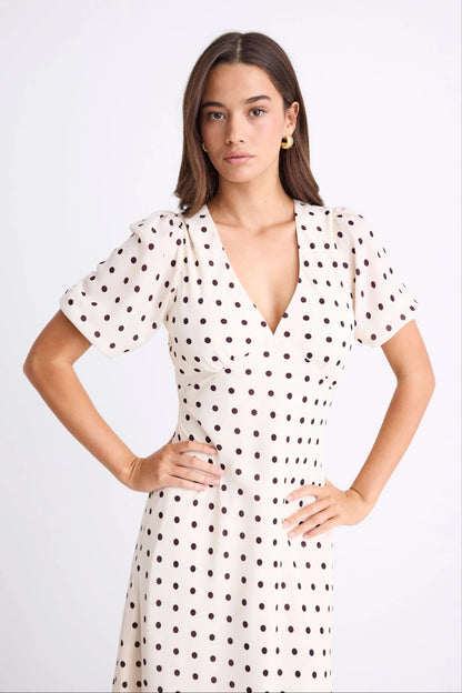 AMONG THE BRAVE AMORA MIDI DRESS - CREAM CHOCOLATE POLKA DOT