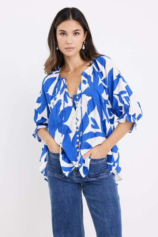 AMONG THE BRAVE - ANTIC BUTTON TOP - BRIGHT BLUE ABSTRACT