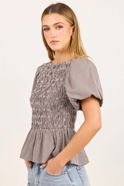 STORIES BE TOLD - ARTIFACT BUBBLE SLEEVE TOP - CHOCOLATE MINI GINGHAM