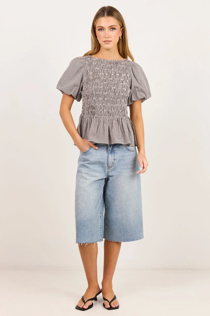 STORIES BE TOLD - ARTIFACT BUBBLE SLEEVE TOP - CHOCOLATE MINI GINGHAM
