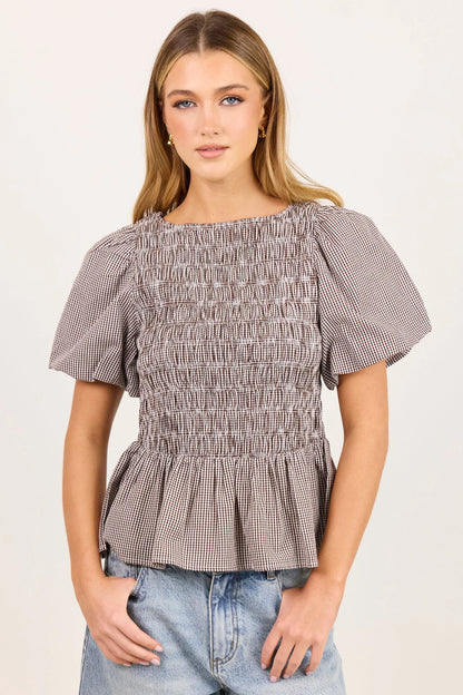 STORIES BE TOLD - ARTIFACT BUBBLE SLEEVE TOP - CHOCOLATE MINI GINGHAM