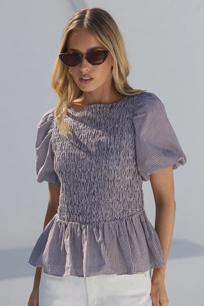 STORIES BE TOLD - ARTIFACT BUBBLE SLEEVE TOP - CHOCOLATE MINI GINGHAM
