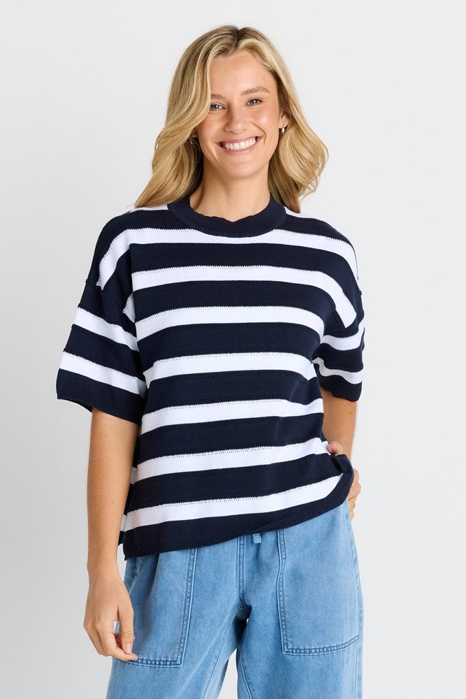 BETTY BASICS LIBBY BOXY TOP - NAVY STRIPE