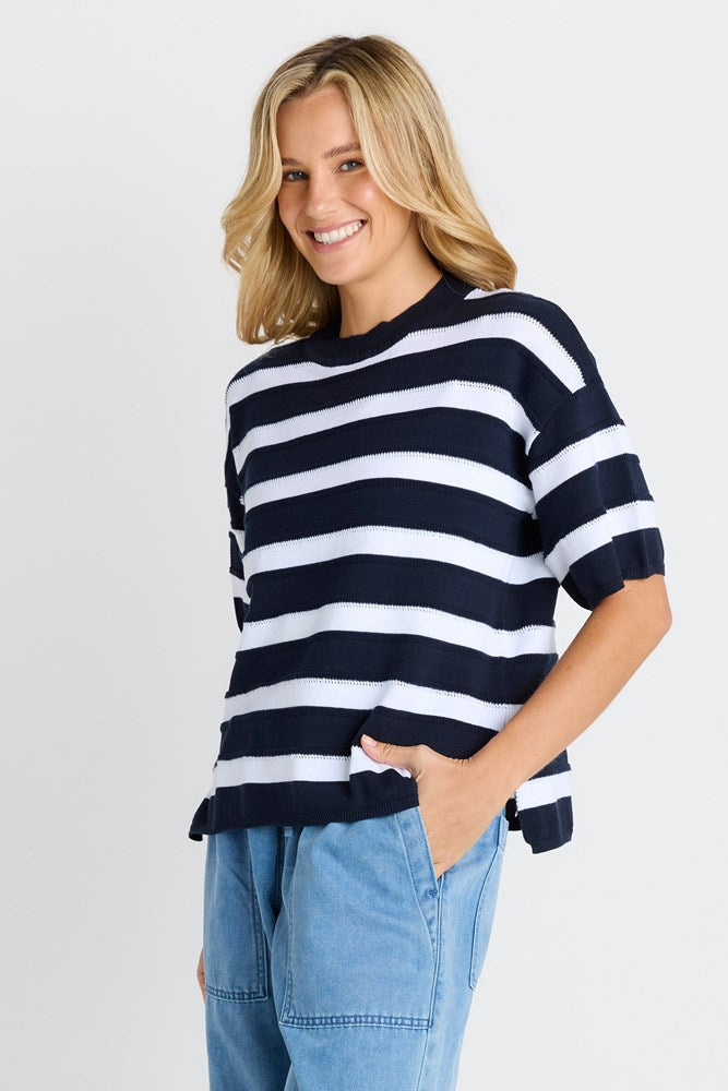 BETTY BASICS LIBBY BOXY TOP - NAVY STRIPE