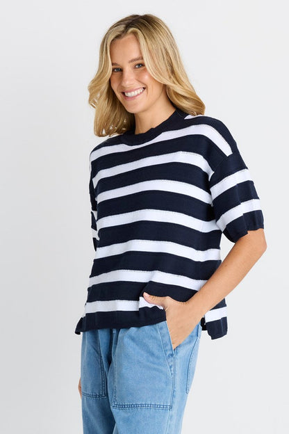 BETTY BASICS LIBBY BOXY TOP - NAVY STRIPE
