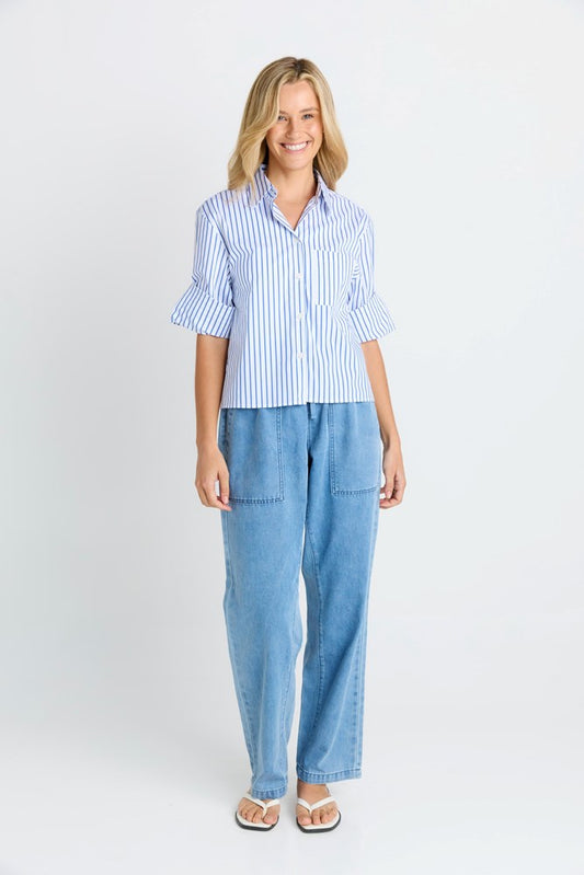BETTY BASICS CROPPED SHIRT - BLUE STRIPE