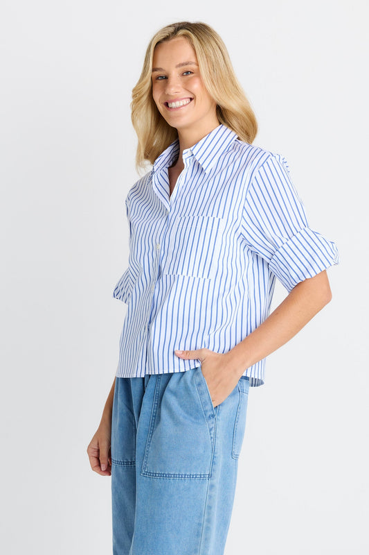 BETTY BASICS CROPPED SHIRT - BLUE STRIPE