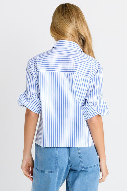 BETTY BASICS CROPPED SHIRT - BLUE STRIPE