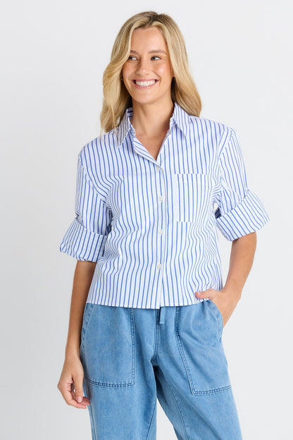 BETTY BASICS CROPPED SHIRT - BLUE STRIPE