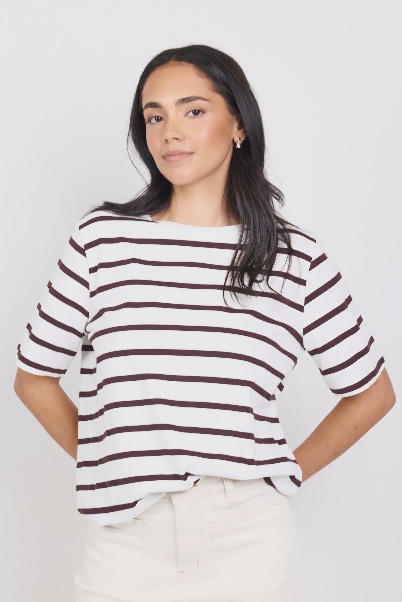 RE:UNION LABEL - BINDING BOXY FIT TEE - CHOCOLATE / WHITE STRIPE