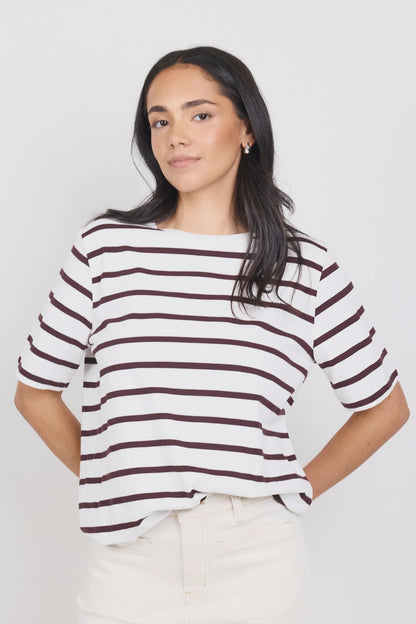 RE:UNION LABEL - BINDING BOXY FIT TEE - CHOCOLATE / WHITE STRIPE