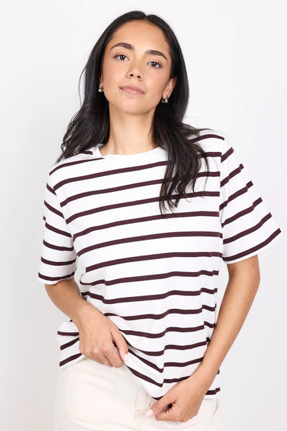 RE:UNION LABEL - BINDING BOXY FIT TEE - CHOCOLATE / WHITE STRIPE