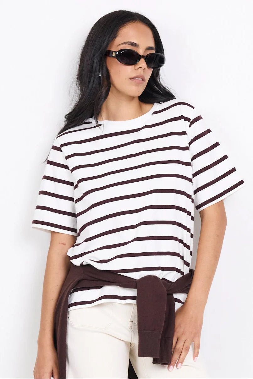 RE:UNION LABEL - BINDING BOXY FIT TEE - CHOCOLATE / WHITE STRIPE