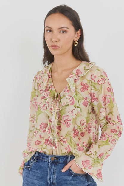 AMONG THE BRAVE - BOHEMIAN FRILL BLOUSE - CREAM BLUSH FLORAL