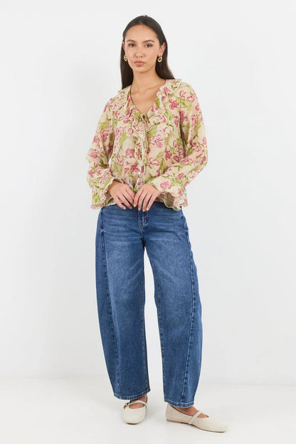AMONG THE BRAVE - BOHEMIAN FRILL BLOUSE - CREAM BLUSH FLORAL